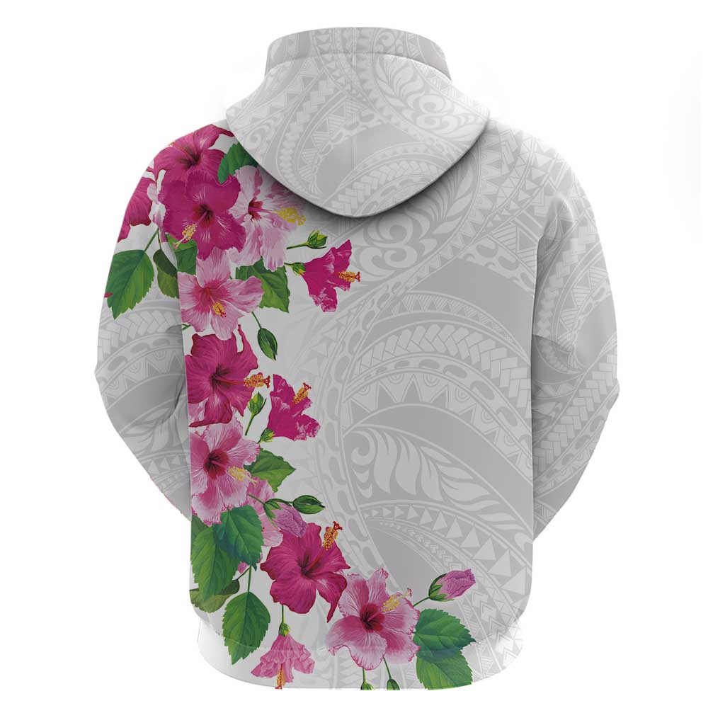 Hawaiian Hibiscus and Art Polynesian Tattoo Zip Hoodie White Color