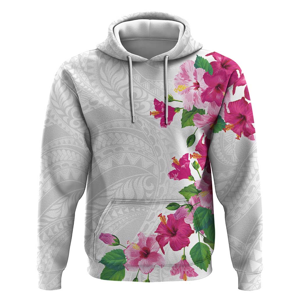 Hawaiian Hibiscus and Art Polynesian Tattoo Zip Hoodie White Color