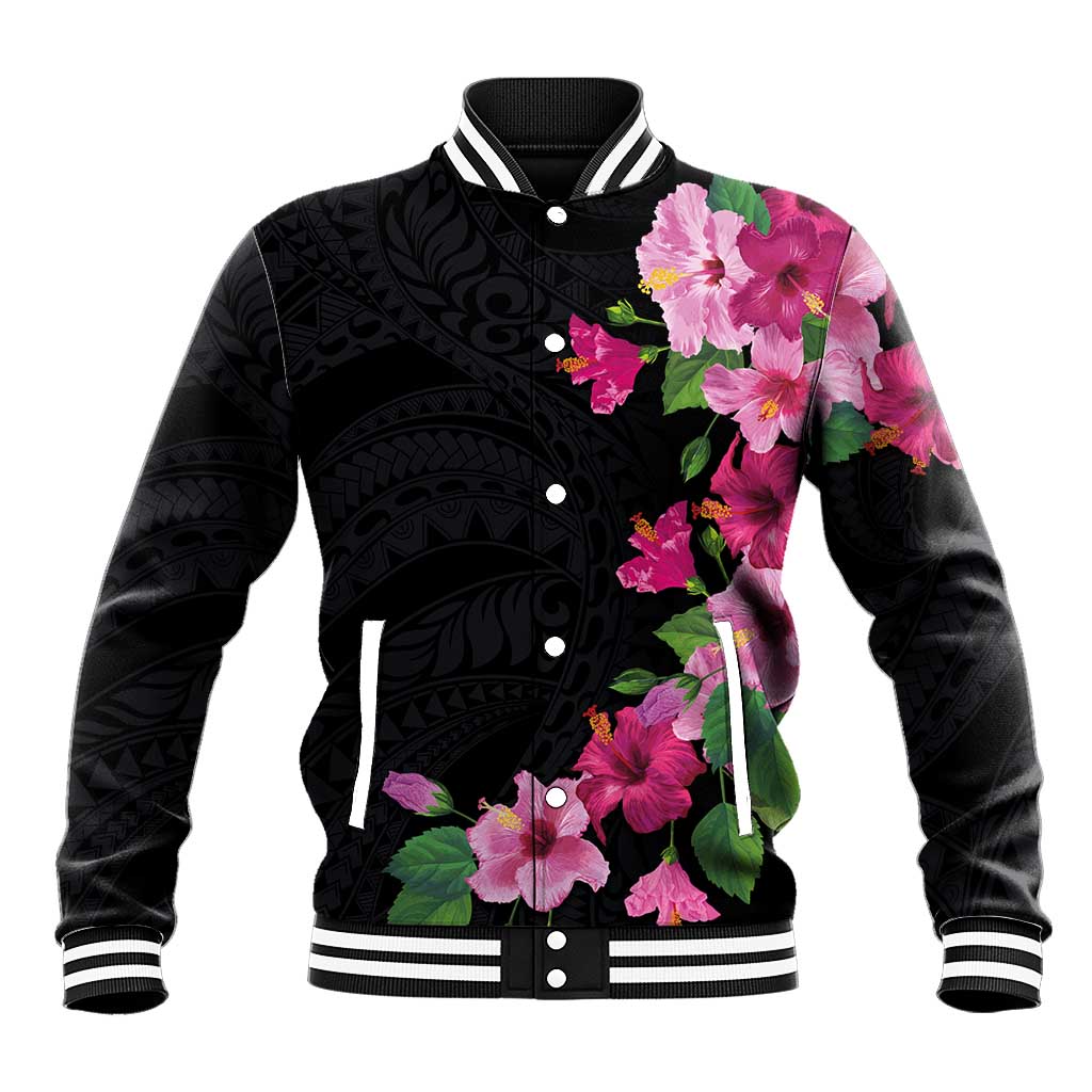 Hawaiian Hibiscus and Art Polynesian Tattoo Baseball Jacket Black Color