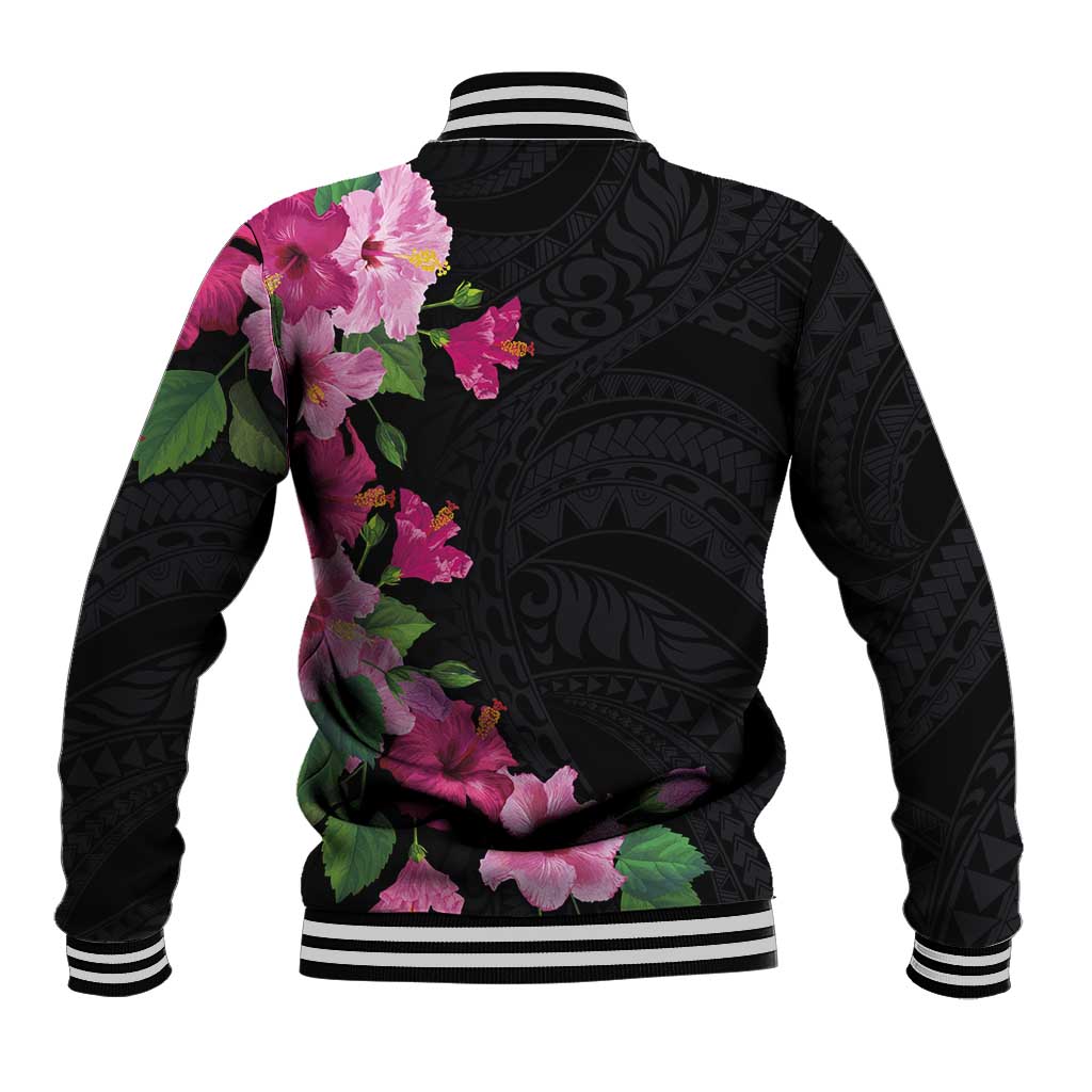 Hawaiian Hibiscus and Art Polynesian Tattoo Baseball Jacket Black Color