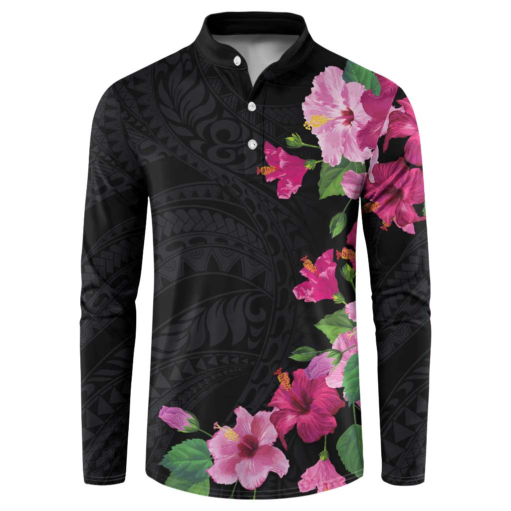 Hawaiian Hibiscus and Art Polynesian Tattoo Button Sweatshirt Black Color