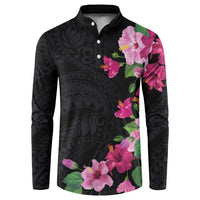 Hawaiian Hibiscus and Art Polynesian Tattoo Button Sweatshirt Black Color