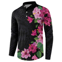 Hawaiian Hibiscus and Art Polynesian Tattoo Button Sweatshirt Black Color