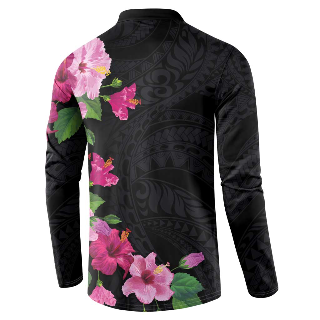 Hawaiian Hibiscus and Art Polynesian Tattoo Button Sweatshirt Black Color