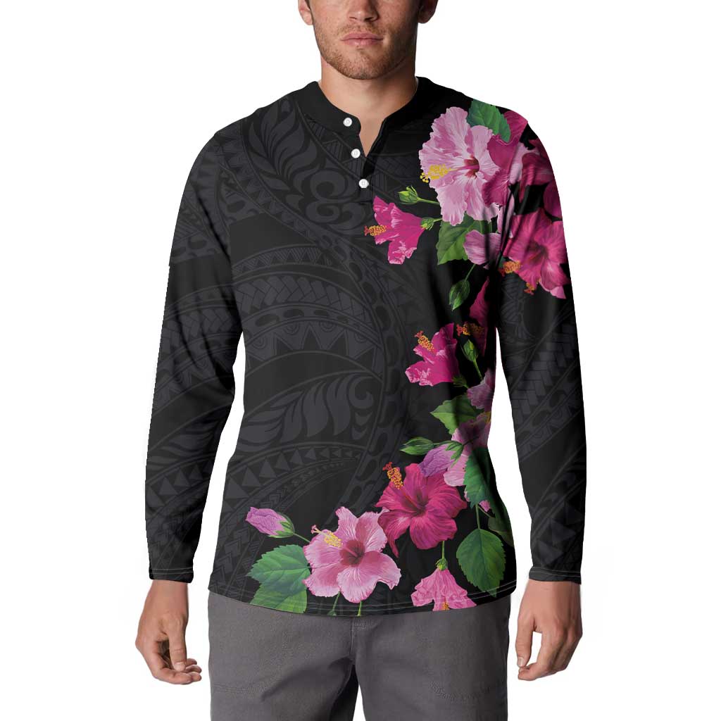 Hawaiian Hibiscus and Art Polynesian Tattoo Button Sweatshirt Black Color