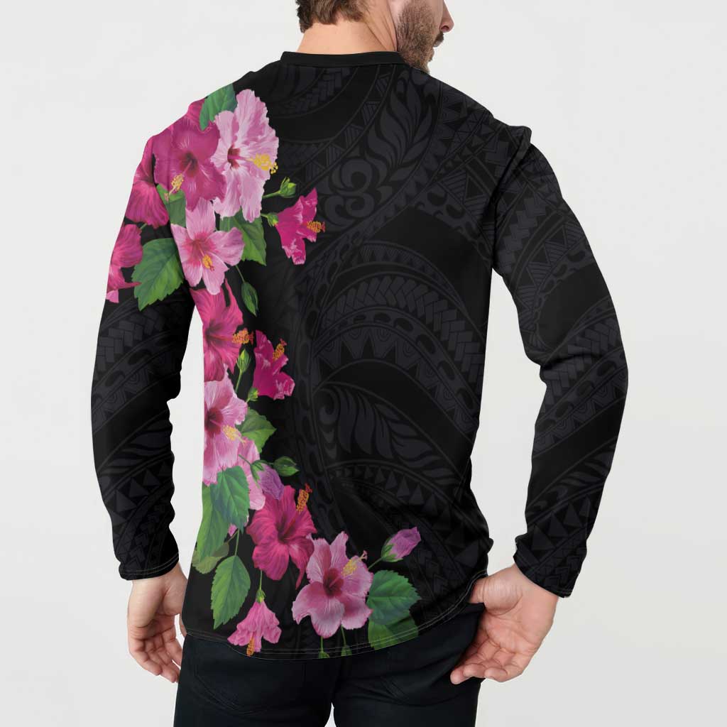 Hawaiian Hibiscus and Art Polynesian Tattoo Button Sweatshirt Black Color