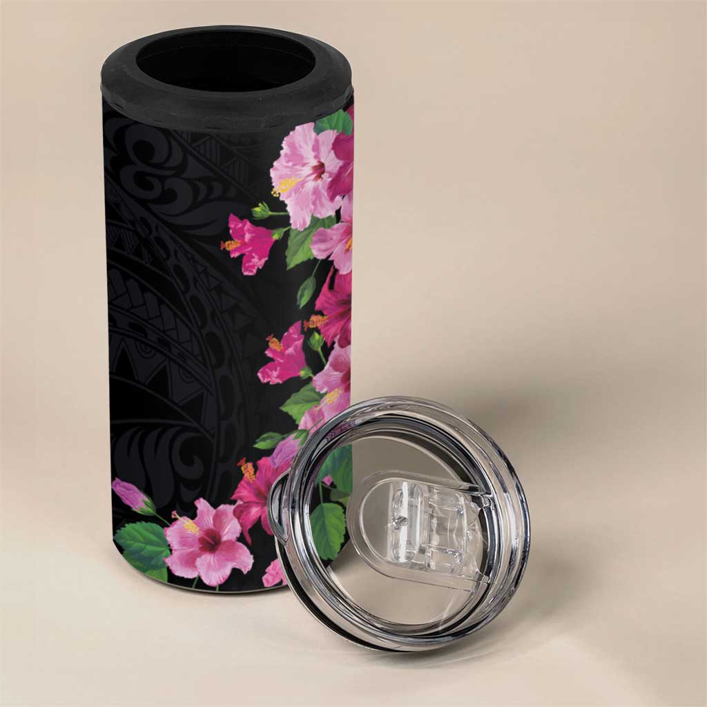 Hawaiian Hibiscus and Art Polynesian Tattoo 4 in 1 Can Cooler Tumbler Black Color