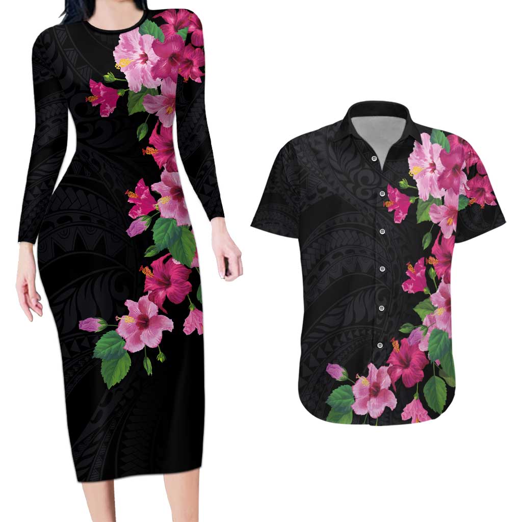 Hawaiian Hibiscus and Art Polynesian Tattoo Couples Matching Long Sleeve Bodycon Dress and Hawaiian Shirt Black Color