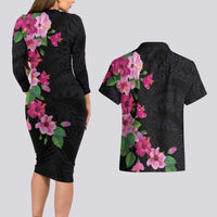 Hawaiian Hibiscus and Art Polynesian Tattoo Couples Matching Long Sleeve Bodycon Dress and Hawaiian Shirt Black Color