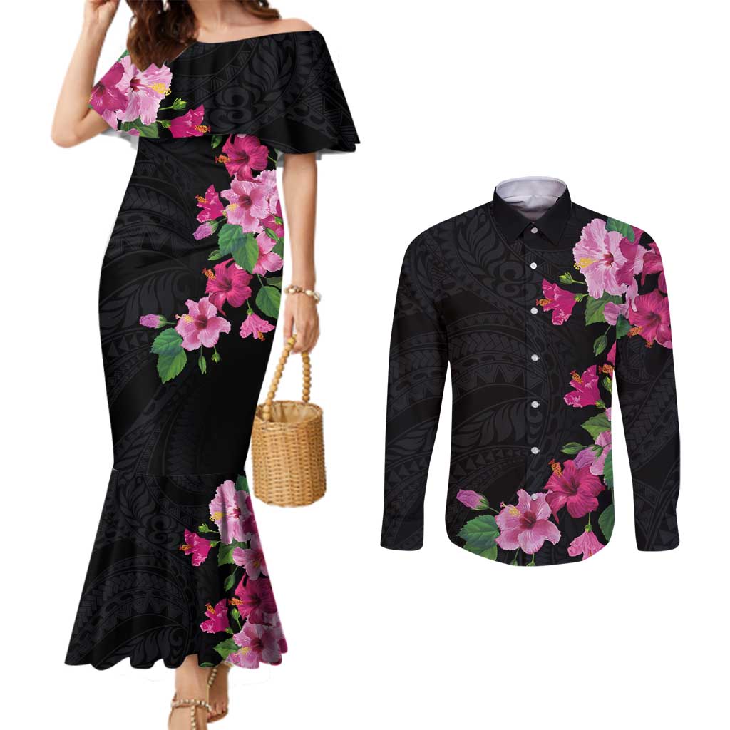 Hawaiian Hibiscus and Art Polynesian Tattoo Couples Matching Mermaid Dress and Long Sleeve Button Shirt Black Color