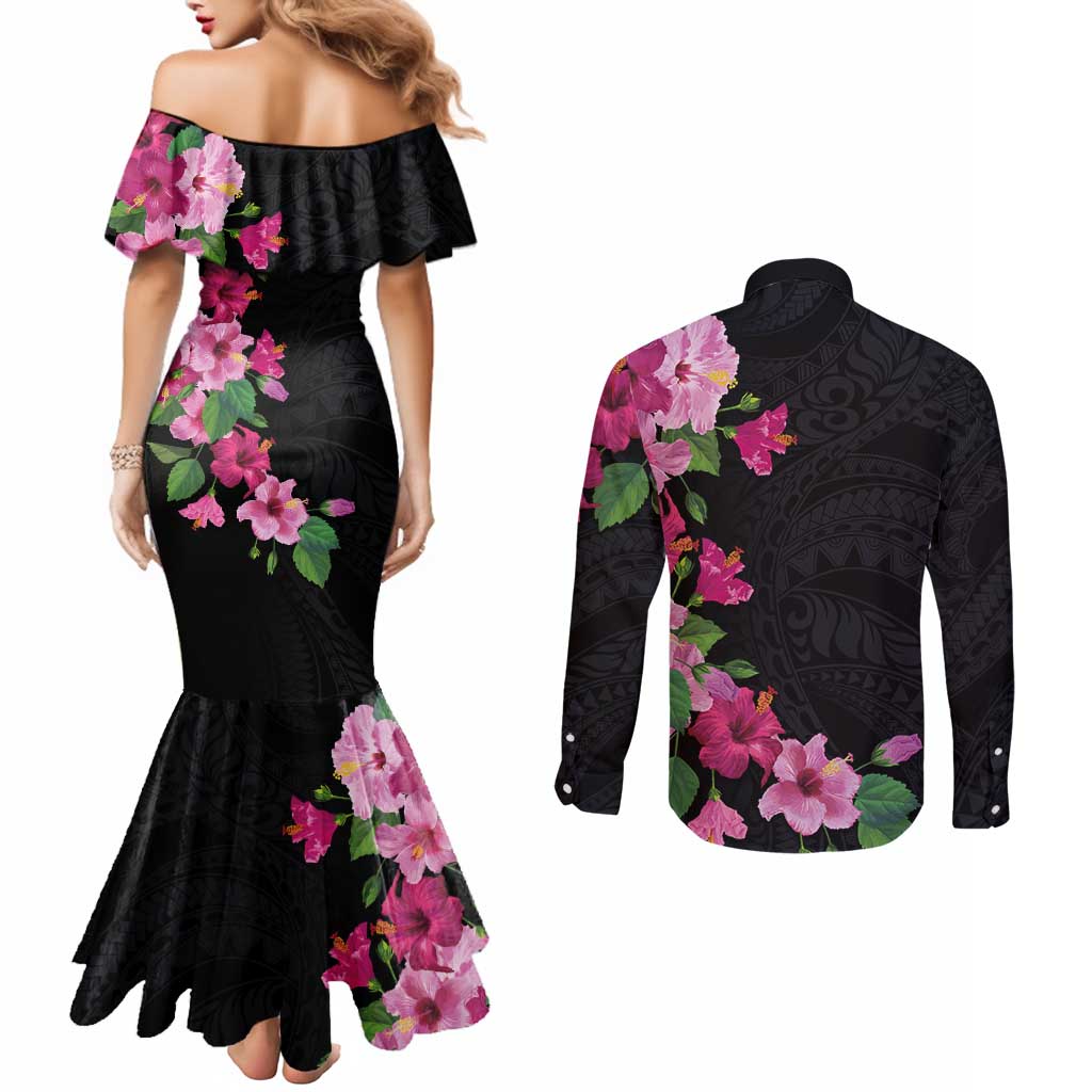 Hawaiian Hibiscus and Art Polynesian Tattoo Couples Matching Mermaid Dress and Long Sleeve Button Shirt Black Color