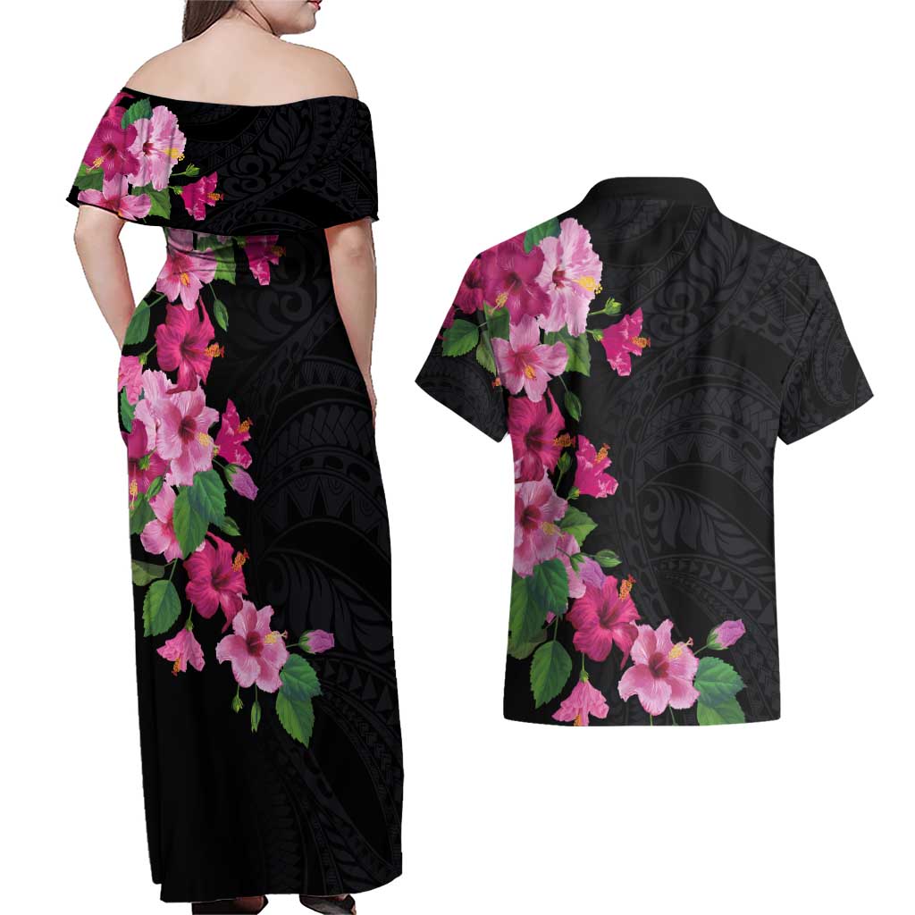 Hawaiian Hibiscus and Art Polynesian Tattoo Couples Matching Off Shoulder Maxi Dress and Hawaiian Shirt Black Color