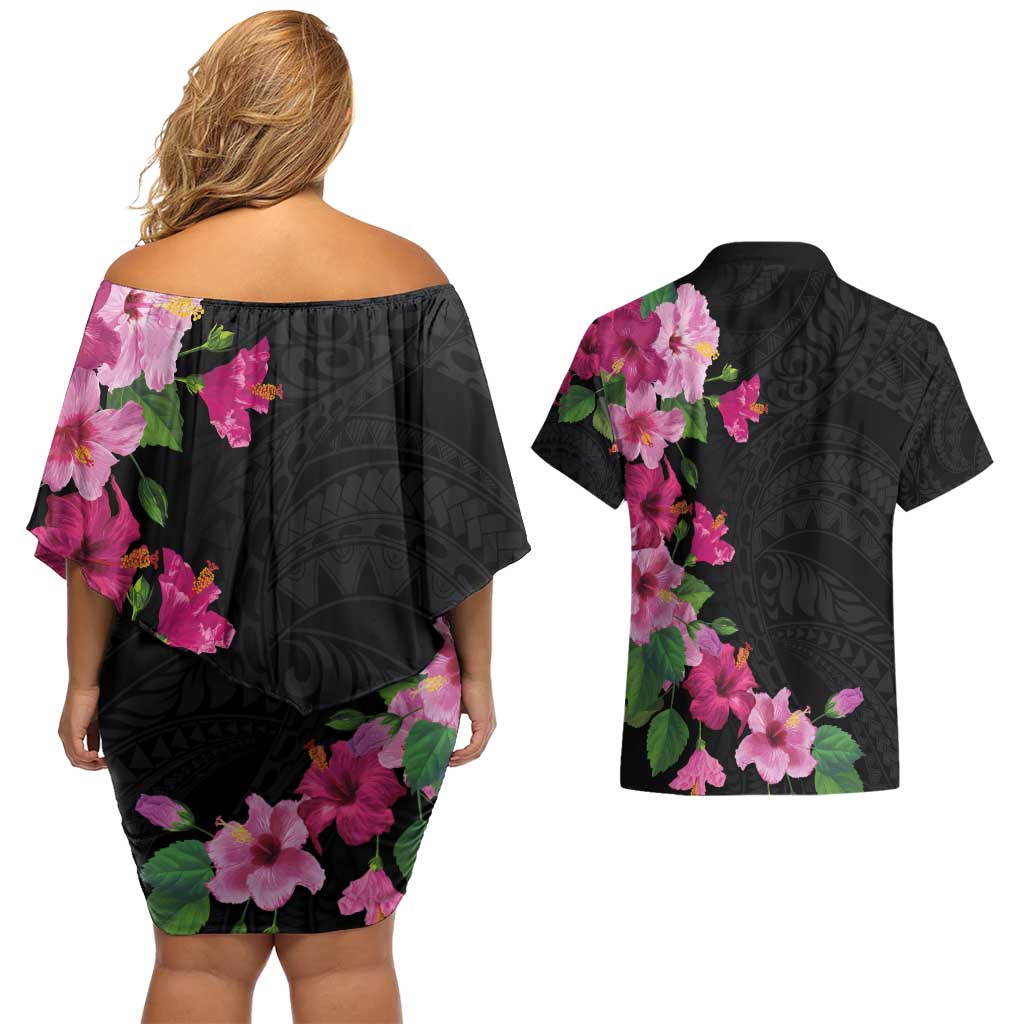 Hawaiian Hibiscus and Art Polynesian Tattoo Couples Matching Off Shoulder Short Dress and Hawaiian Shirt Black Color