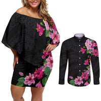 Hawaiian Hibiscus and Art Polynesian Tattoo Couples Matching Off Shoulder Short Dress and Long Sleeve Button Shirt Black Color