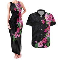 Hawaiian Hibiscus and Art Polynesian Tattoo Couples Matching Tank Maxi Dress and Hawaiian Shirt Black Color
