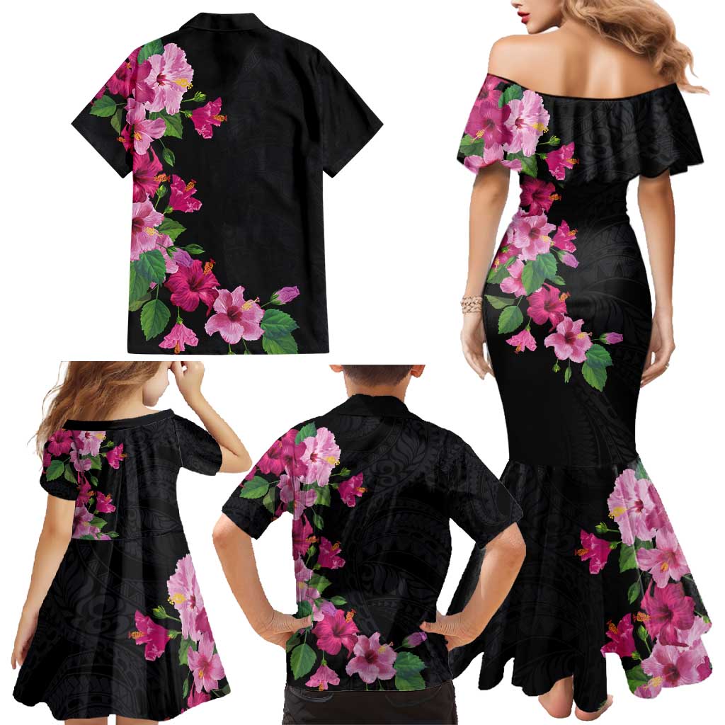 Hawaiian Hibiscus and Art Polynesian Tattoo Family Matching Mermaid Dress and Hawaiian Shirt Black Color