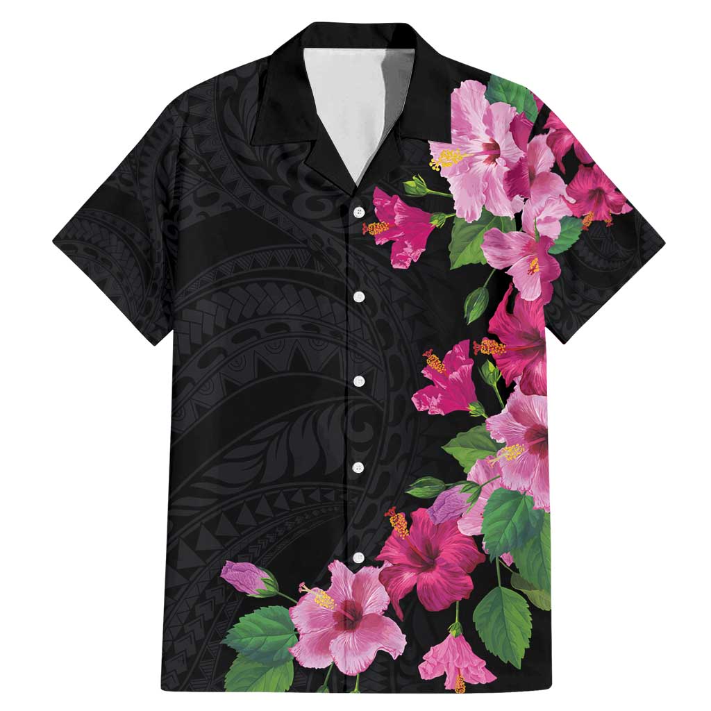 Hawaiian Hibiscus and Art Polynesian Tattoo Family Matching Mermaid Dress and Hawaiian Shirt Black Color
