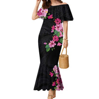 Hawaiian Hibiscus and Art Polynesian Tattoo Family Matching Mermaid Dress and Hawaiian Shirt Black Color