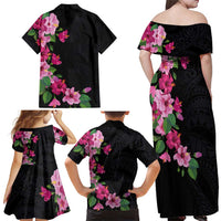 Hawaiian Hibiscus and Art Polynesian Tattoo Family Matching Off Shoulder Maxi Dress and Hawaiian Shirt Black Color