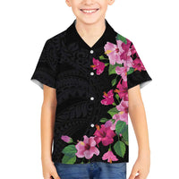 Hawaiian Hibiscus and Art Polynesian Tattoo Family Matching Off Shoulder Maxi Dress and Hawaiian Shirt Black Color