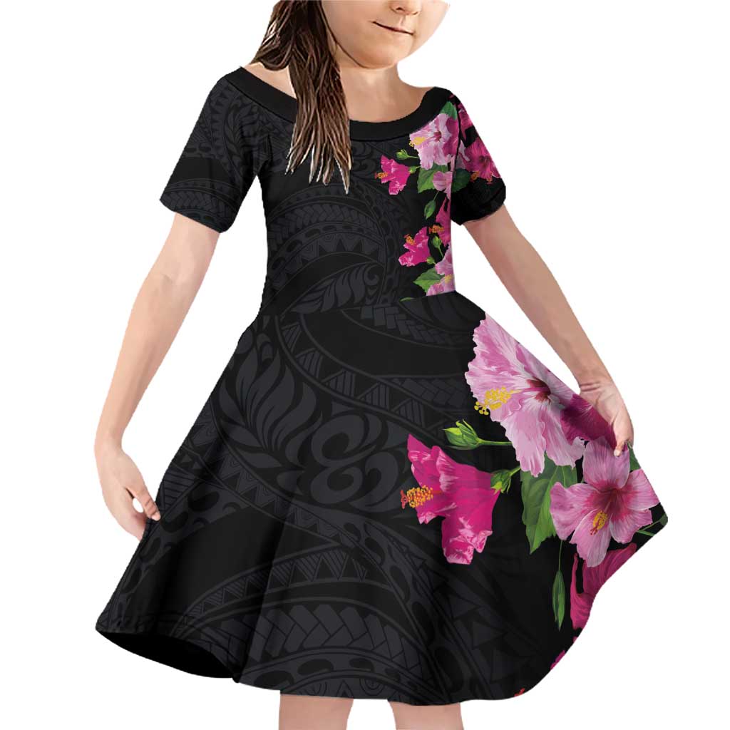 Hawaiian Hibiscus and Art Polynesian Tattoo Family Matching Off Shoulder Short Dress and Hawaiian Shirt Black Color