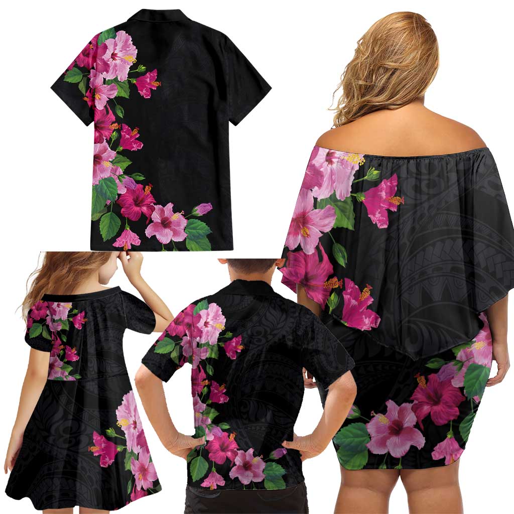 Hawaiian Hibiscus and Art Polynesian Tattoo Family Matching Off Shoulder Short Dress and Hawaiian Shirt Black Color