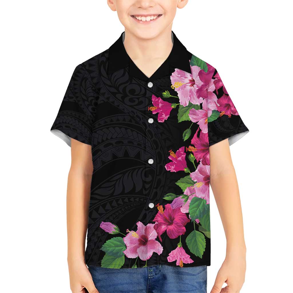 Hawaiian Hibiscus and Art Polynesian Tattoo Family Matching Off Shoulder Short Dress and Hawaiian Shirt Black Color