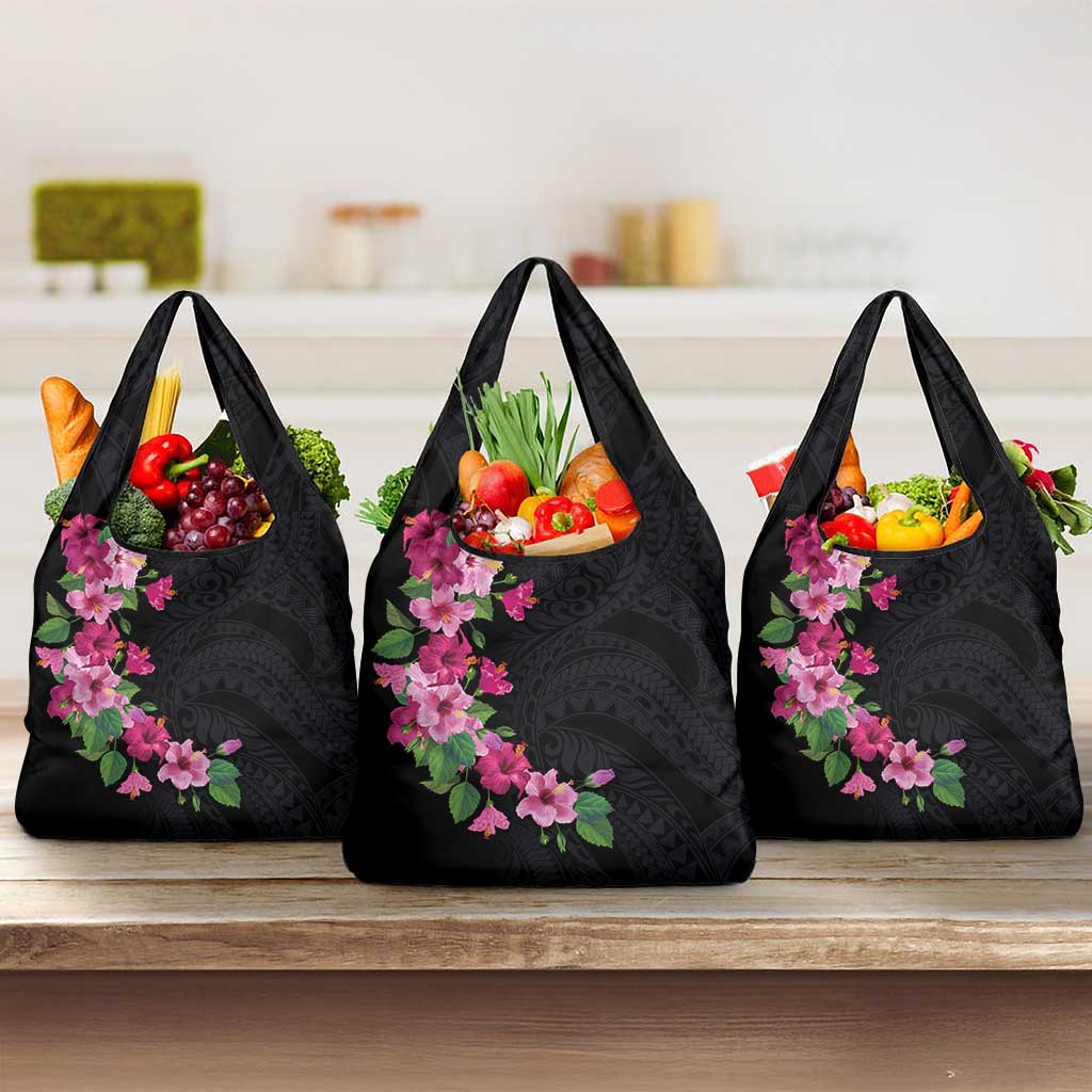 Hawaiian Hibiscus and Art Polynesian Tattoo Grocery Bag Black Color