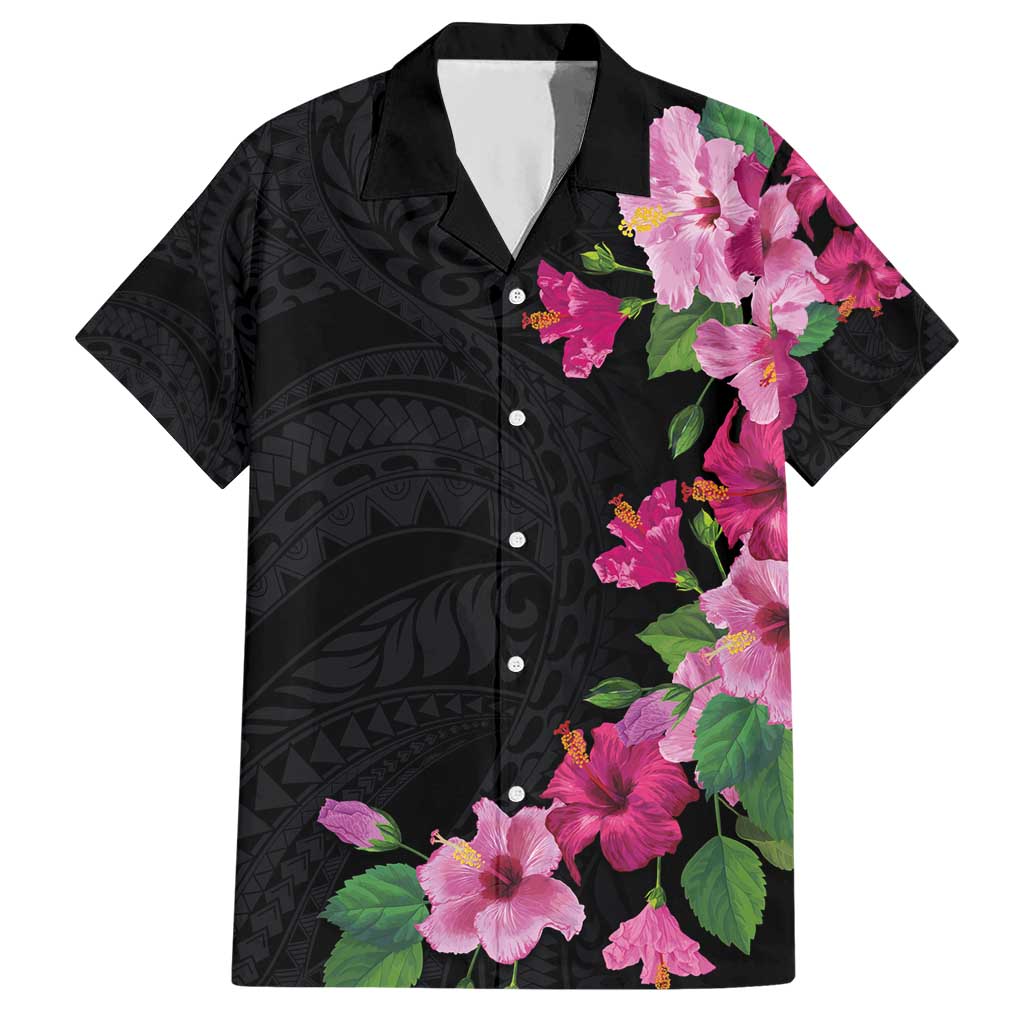 Hawaiian Hibiscus and Art Polynesian Tattoo Hawaiian Shirt Black Color