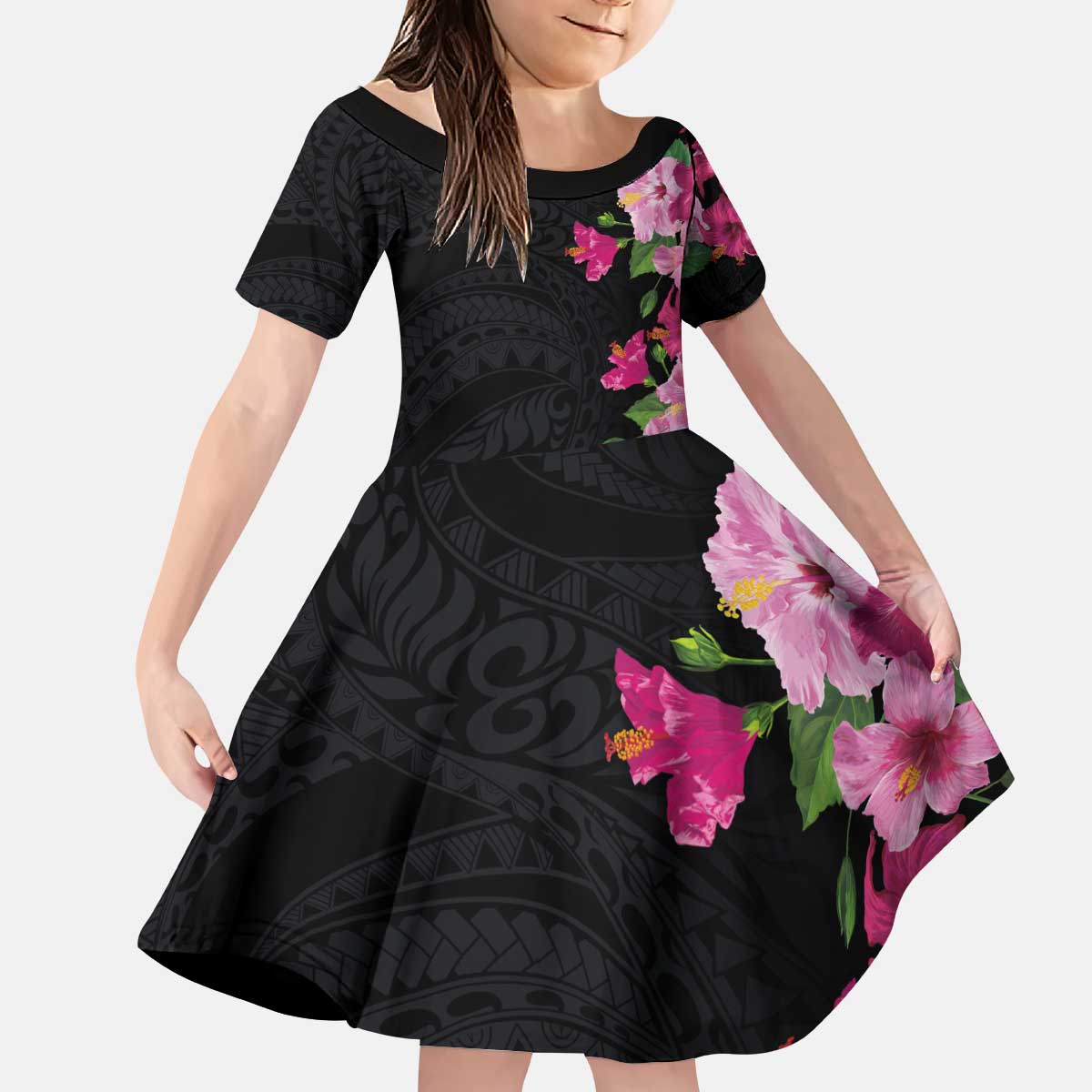 Hawaiian Hibiscus and Art Polynesian Tattoo Kid Short Sleeve Dress Black Color
