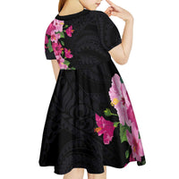 Hawaiian Hibiscus and Art Polynesian Tattoo Kid Short Sleeve Dress Black Color