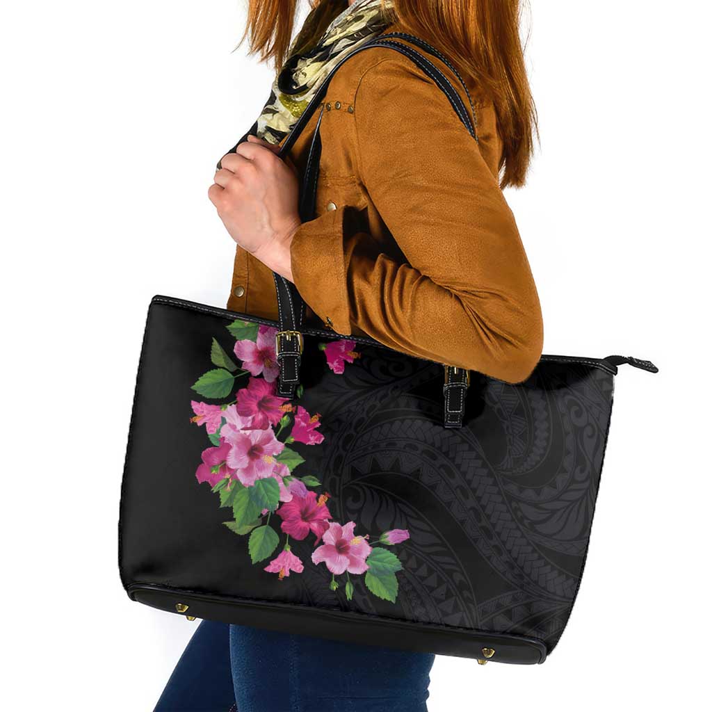 Hawaiian Hibiscus and Art Polynesian Tattoo Leather Tote Bag Black Color LT03 Black - Polynesian Pride