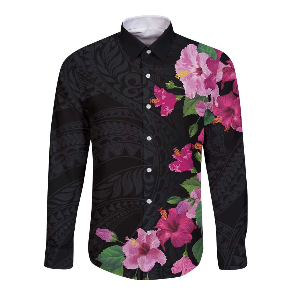 Hawaiian Hibiscus and Art Polynesian Tattoo Long Sleeve Button Shirt Black Color LT03 Unisex Black - Polynesian Pride