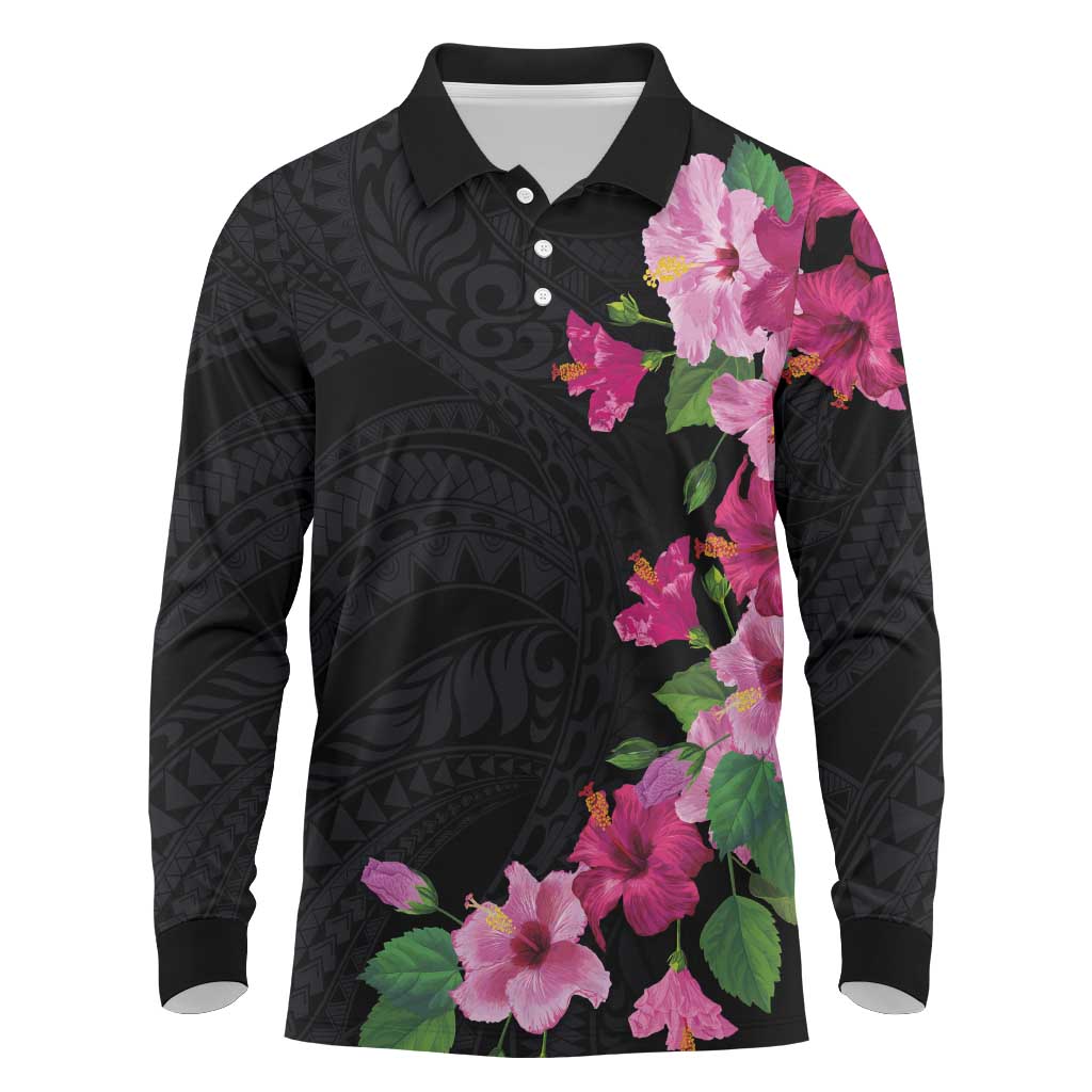 Hawaiian Hibiscus and Art Polynesian Tattoo Long Sleeve Polo Shirt Black Color LT03 Black - Polynesian Pride