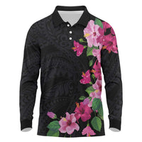 Hawaiian Hibiscus and Art Polynesian Tattoo Long Sleeve Polo Shirt Black Color LT03 Black - Polynesian Pride