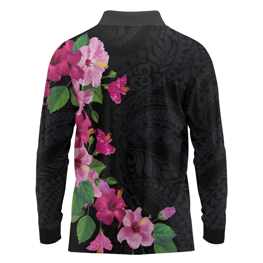 Hawaiian Hibiscus and Art Polynesian Tattoo Long Sleeve Polo Shirt Black Color LT03 - Polynesian Pride