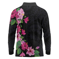 Hawaiian Hibiscus and Art Polynesian Tattoo Long Sleeve Polo Shirt Black Color LT03 - Polynesian Pride