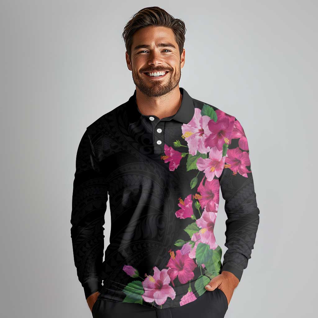 Hawaiian Hibiscus and Art Polynesian Tattoo Long Sleeve Polo Shirt Black Color LT03 - Polynesian Pride