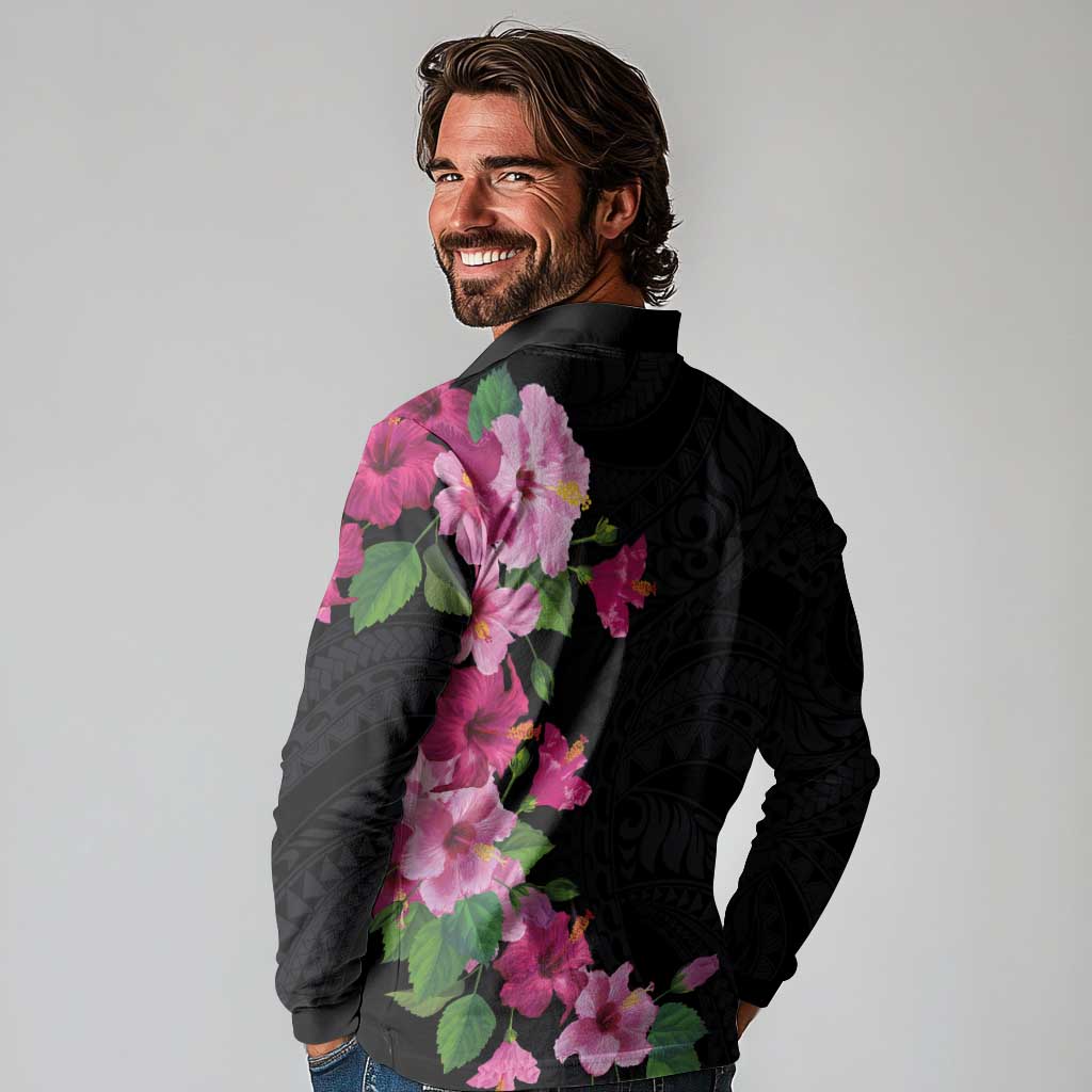 Hawaiian Hibiscus and Art Polynesian Tattoo Long Sleeve Polo Shirt Black Color LT03 - Polynesian Pride