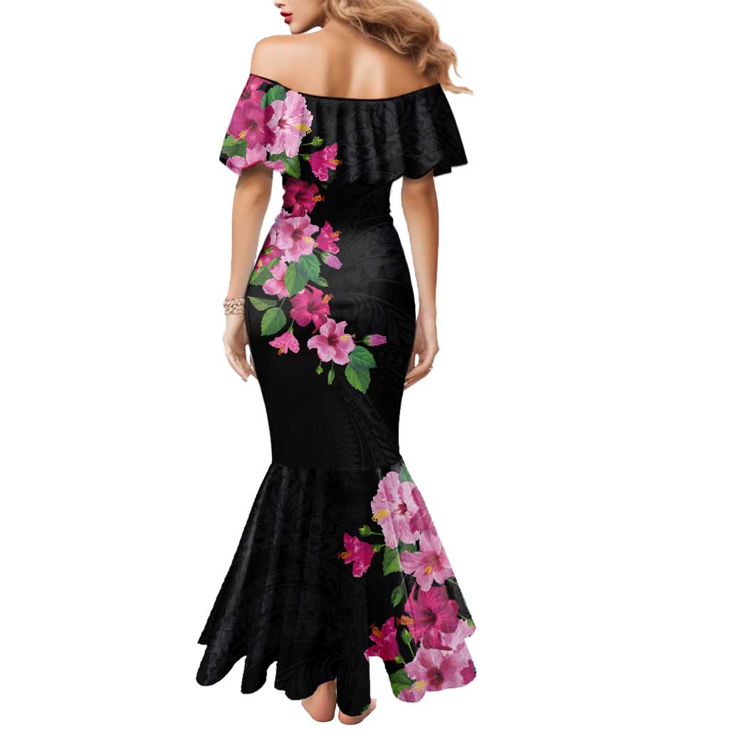 Hawaiian Hibiscus and Art Polynesian Tattoo Mermaid Dress Black Color