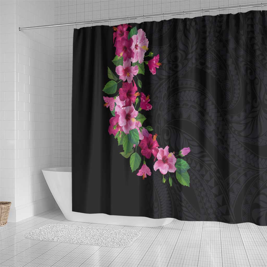 Hawaiian Hibiscus and Art Polynesian Tattoo Shower Curtain Black Color