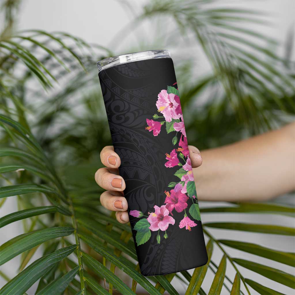 Hawaiian Hibiscus and Art Polynesian Tattoo Skinny Tumbler Black Color