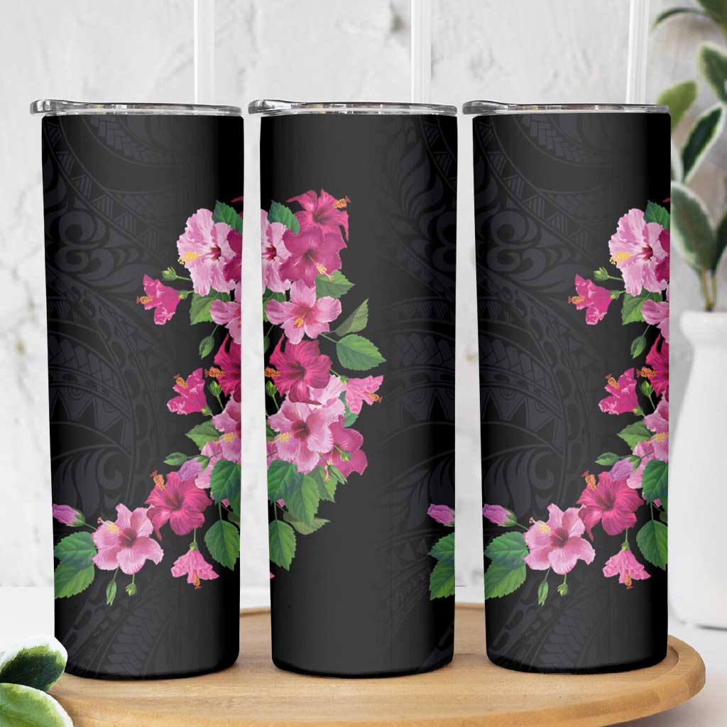 Hawaiian Hibiscus and Art Polynesian Tattoo Skinny Tumbler Black Color