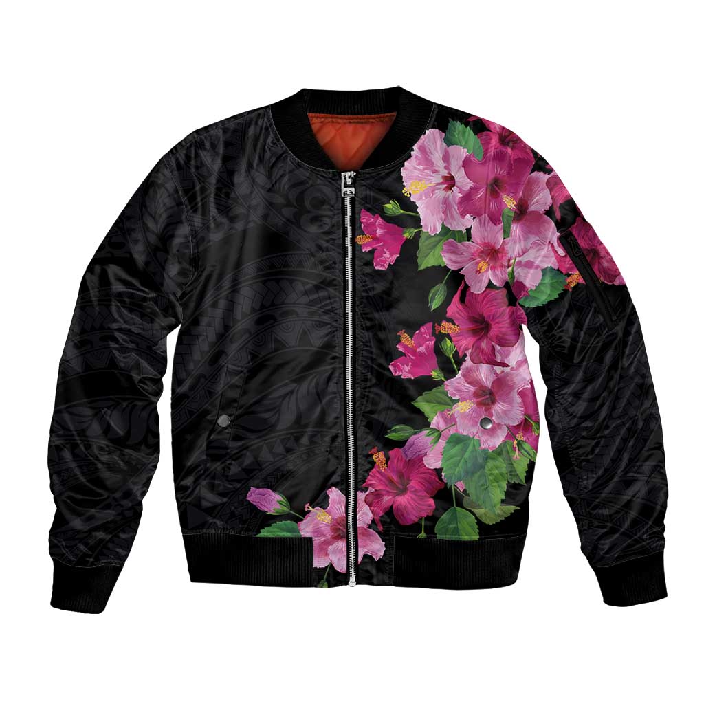 Hawaiian Hibiscus and Art Polynesian Tattoo Sleeve Zip Bomber Jacket Black Color LT03 Unisex Black - Polynesian Pride
