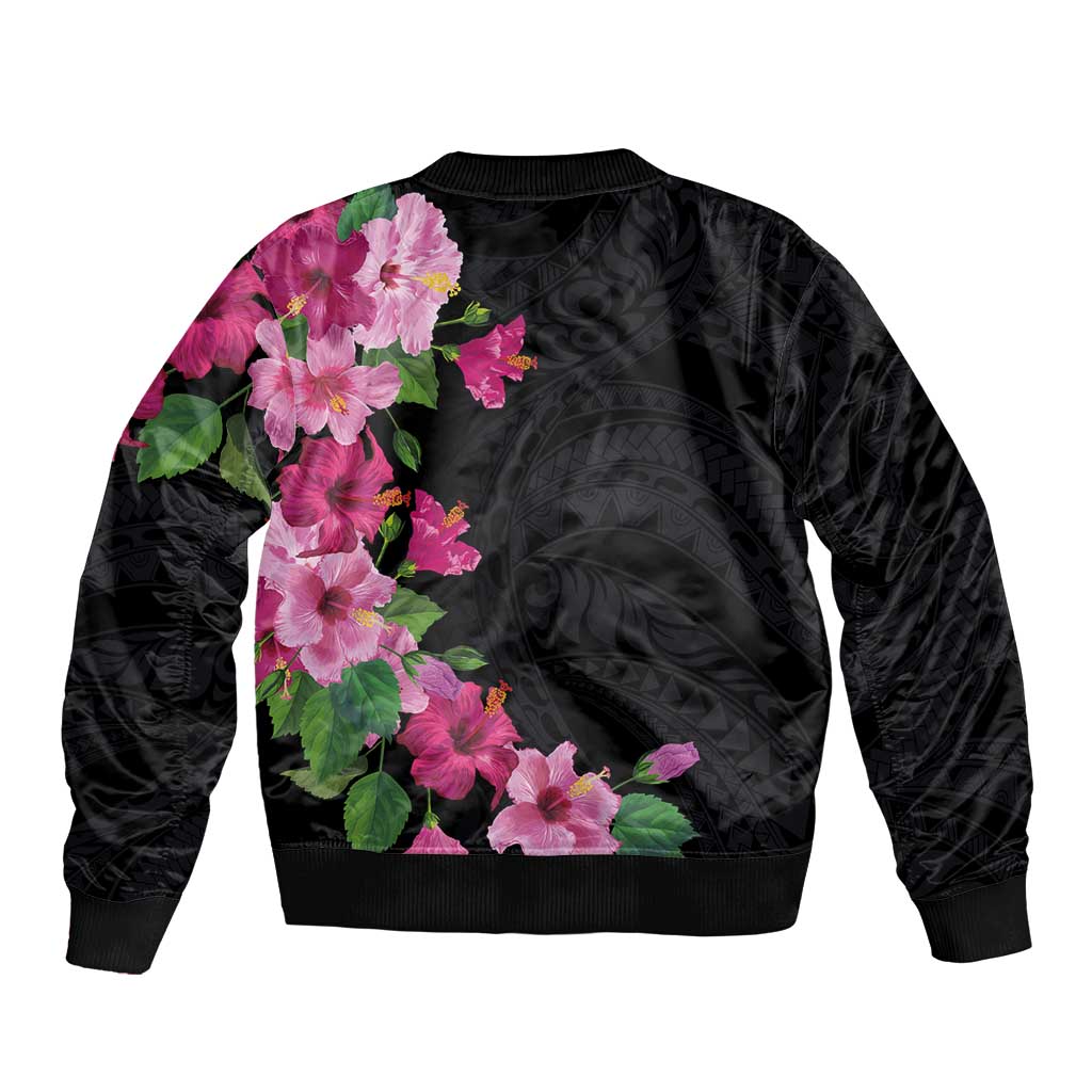 Hawaiian Hibiscus and Art Polynesian Tattoo Sleeve Zip Bomber Jacket Black Color LT03 - Polynesian Pride
