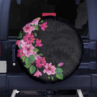 Hawaiian Hibiscus and Art Polynesian Tattoo Spare Tire Cover Black Color