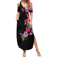 Hawaiian Hibiscus and Art Polynesian Tattoo Summer Maxi Dress Black Color