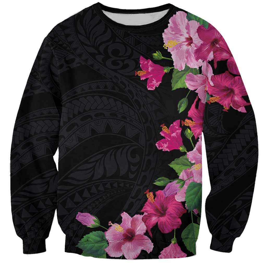 Hawaiian Hibiscus and Art Polynesian Tattoo Sweatshirt Black Color