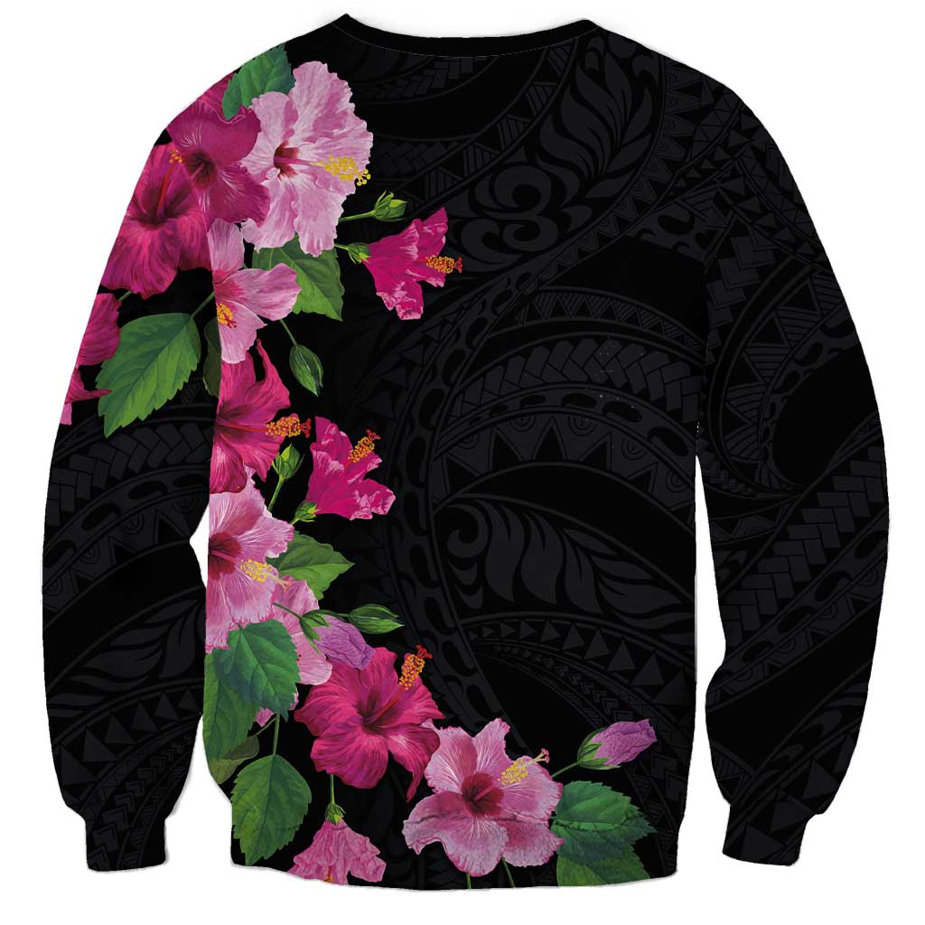 Hawaiian Hibiscus and Art Polynesian Tattoo Sweatshirt Black Color