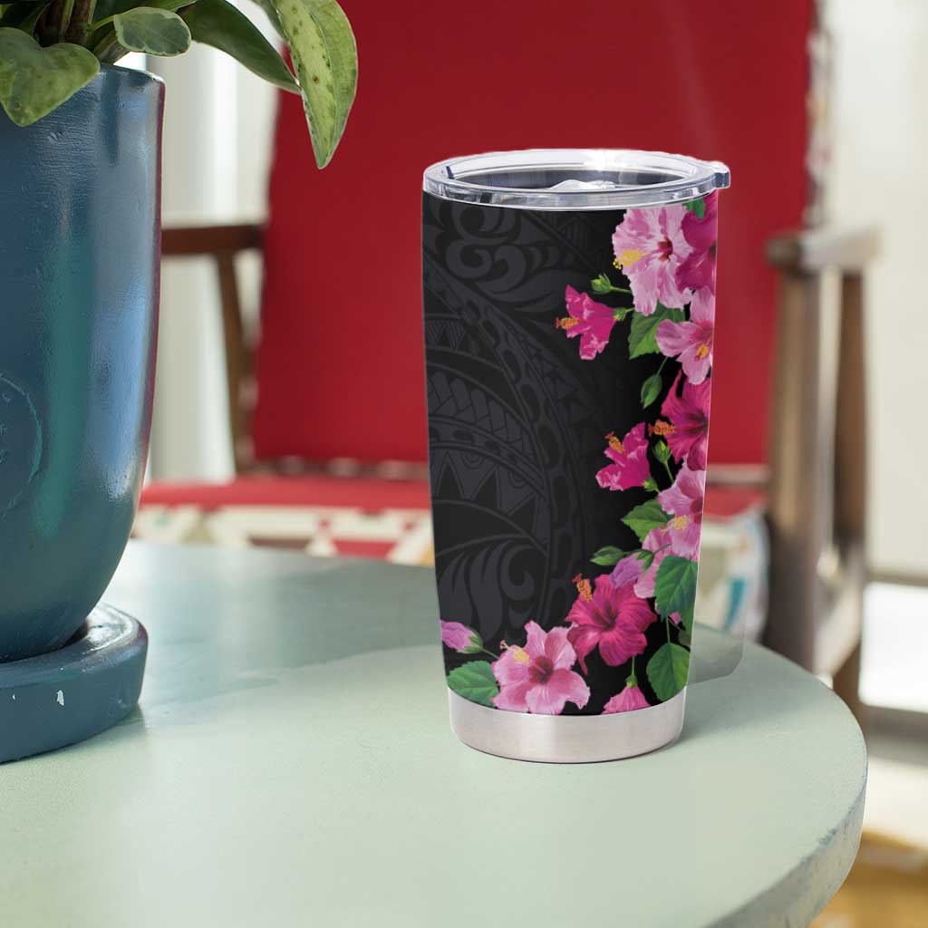 Hawaiian Hibiscus and Art Polynesian Tattoo Tumbler Cup Black Color